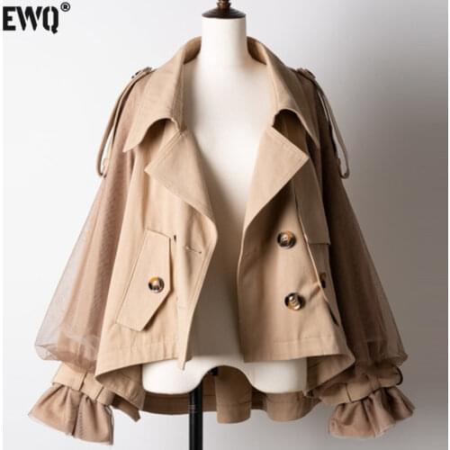 [EWQ] Double Breasted Lapel Mesh Gauze Sleeve Trench Coats Women 2020 Autumn Winter Japanese Style Designer Sweet Temperament
