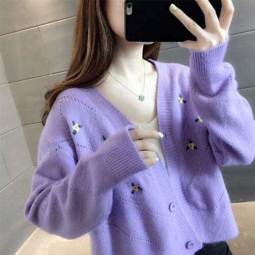 Women Knitted Fashion Cardigan Spring Autumn V-Neck Full-Sleeve Embroidery Floral Thick Loose Harajuku Female Sweater g2031