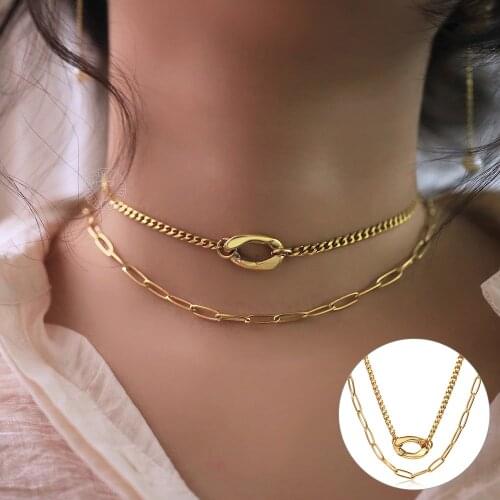 Trendsmax Women Gold Tone Layered Cuban Charm Choker Necklaces Punk Stainless Steel Paperclip Cable Curb Link Chain DN293