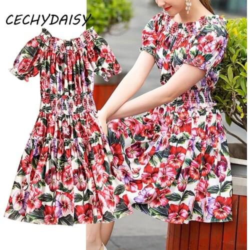 Red Floral Printed Mini Dress Women Off-Shoulder Slash Neck High Street Designer Brand Short Sleeve Party Beach Chic Dresses Y2k