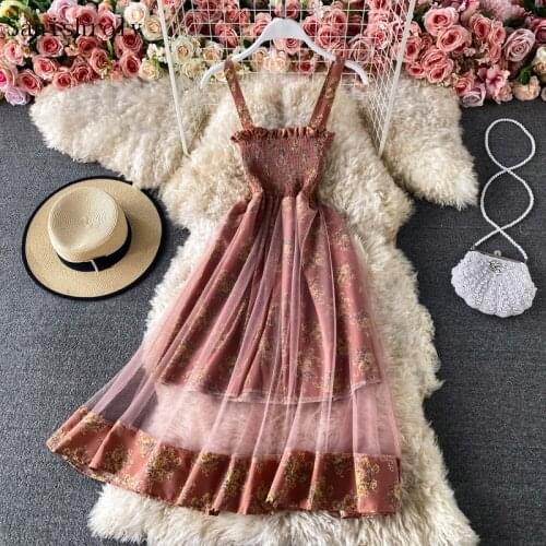 2021 Summer Women Strapless Floral Sling Print Dress Folds Mesh Spaghetti Strap Dress Ladies Sleeveless Long Holiday Vestidos