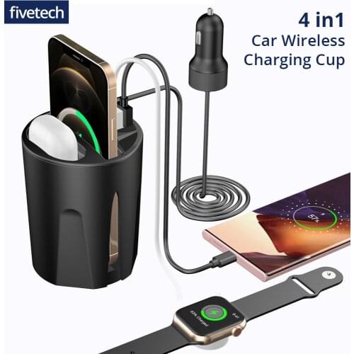 Fivetech Fast Wireless Car Charger Cup for Samsung S20 10W Wireless Chargers Cup Car Phone Holder for iPhone 12 Pro Airpod Pro