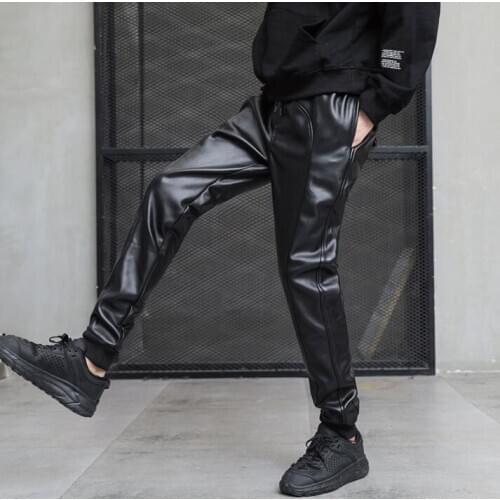 Pantalones de cuero hombre faux leather pants mens feet pants motorcycle Loose harem trousers for men personality black spring