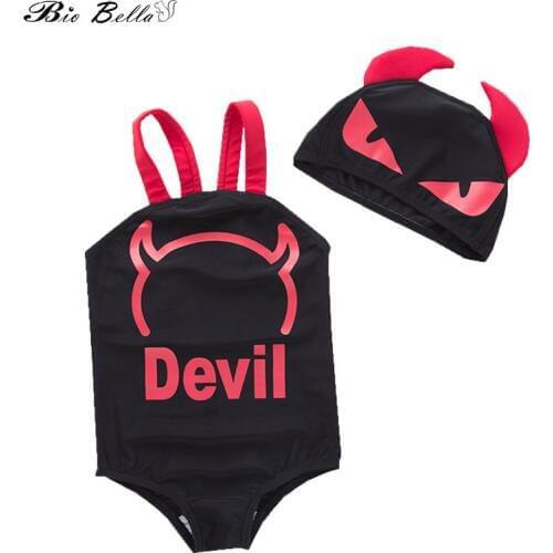 Children Kids Boys Swimwear Cartoon Devil Fashion Unisex Swimsuit Baby Boy Swimsuit Bodysuit+Cap 2Pcs Kids Swimwear Suit Clothes