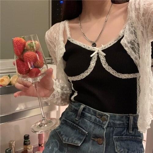 E-Girl Lace Transparant White T-Shirts Cardigan Gothic Lace Up Ruffles Hem Long Sleeve Tops Slimwhite cardigan Streetwear