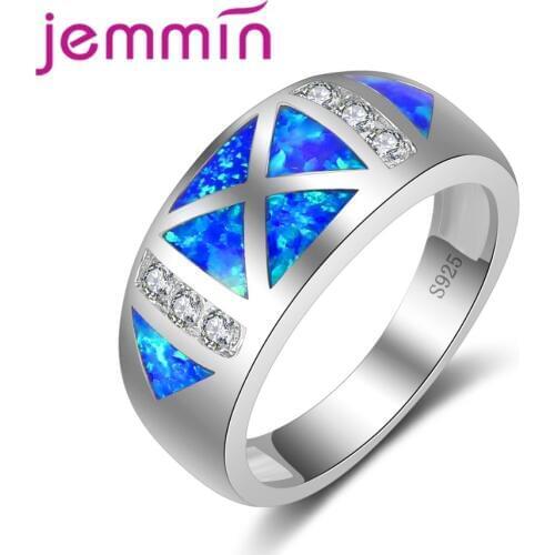 Geometric Design Micro Clear Rhinestone Ring Fine 925 Sterling-Silver-Jewellery Women Blue Opal Wedding Engagement Rings