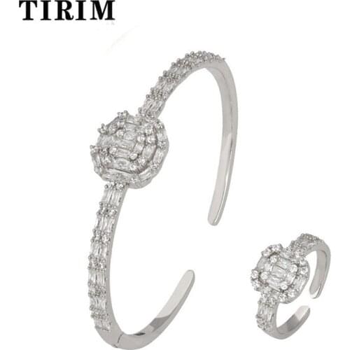 TIRIM Luxury Geometry Bangle Ring Sets for Women Micro Paved Baguette Cubic Zircon Bracelet Jewelry Wedding Banquet Gifts