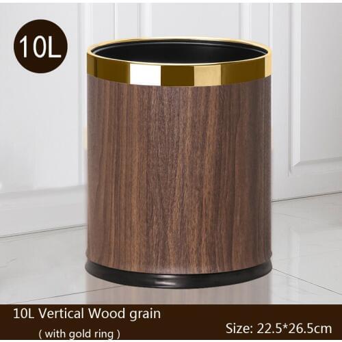 Metal Trash Can , Wood Grain Waste Bin, Double Layer Trash Bins Home Kitchen Hotel Open Top Floor Stand Wastebasket without Lid