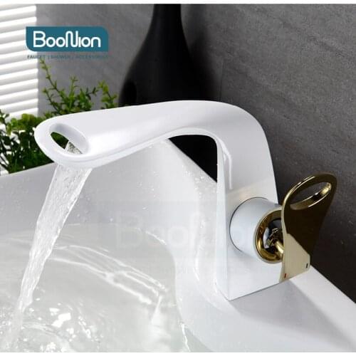Boonion brass basin mixer white+gold bathroom tap single handle hot & cold single hole simple style Creative waterfall faucet