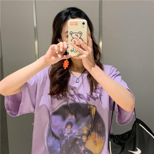 Summer sweet girl vintage graphic purple print cotton fun Korean Harajuku streetwear oversized casual women short-sleeve T-shirt