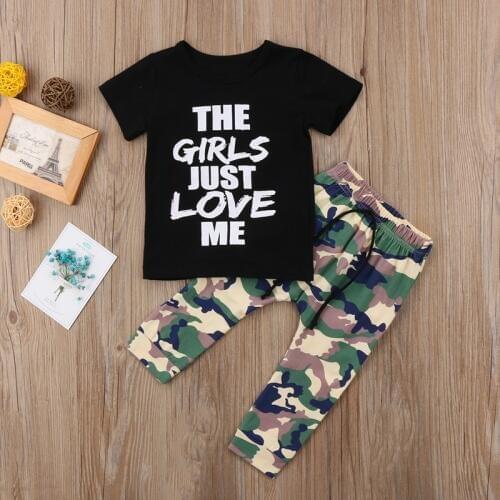 Fashion Letter Baby Boy Clothes Kids Boys Short Sleeve Tops T-shirt Camo Pants Outfits Set Clothes