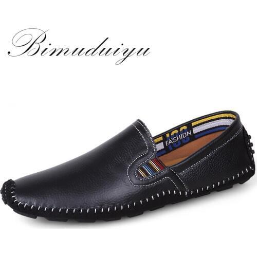 BIMUDUIYU Genuine Leather Moccasins Comfy Breathable Slip On Boat Shoes High Quality Mens Loafers Flats Breathable Casual Shoes