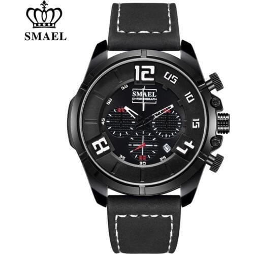 Mens Watches SMAEL Top Brand Luxury 24 hour Date Quartz Chronograph Watch Man Fashion Leather Sport Waterproof Wrist Watch Men