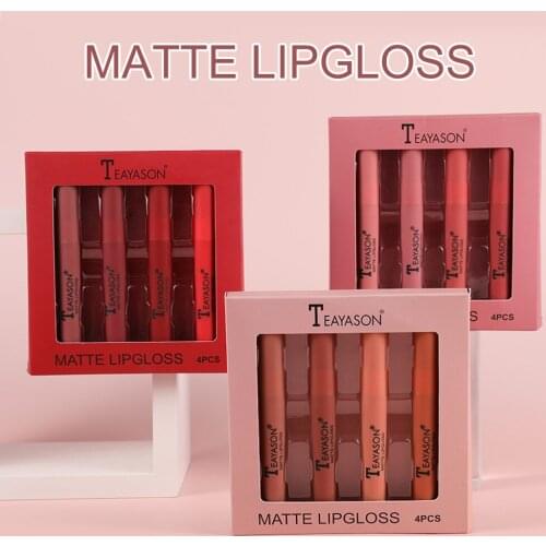 4 Colors/Set Velvet Liquid Lipstick Set Waterproof Non-Stick Lip Gloss Set Lip Makeup Gift Set for Girl Women Makeup Accessories