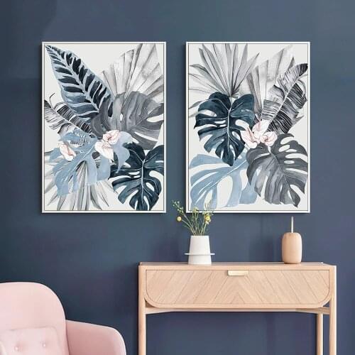 Tropical Blue Palm Leaf Wall Poster Print Plant Floral Nordic Wall Art Modern Canvas Painting Picture for Living Room Bedroom