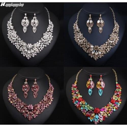 New Rhinestone Bridal Wedding Jewelry Sets Women Floral Shape Necklace and Long Earrings Set Party Accessories