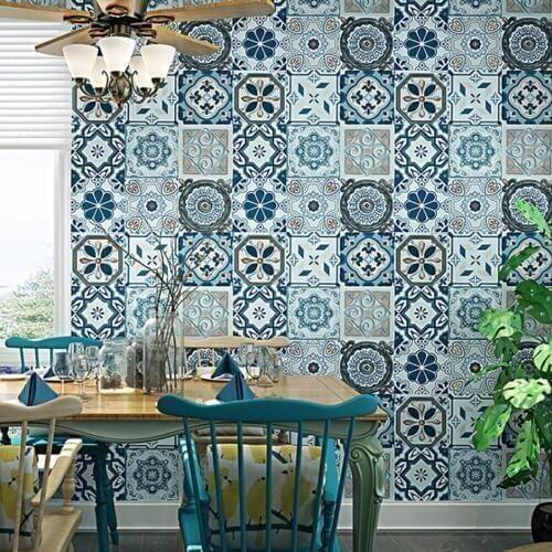 Q QIHANG Southeast Asian Style Bohemian Imitation Tile Living Room PVC Wallpaper Blue Color 0.53m*10m=5.3m2