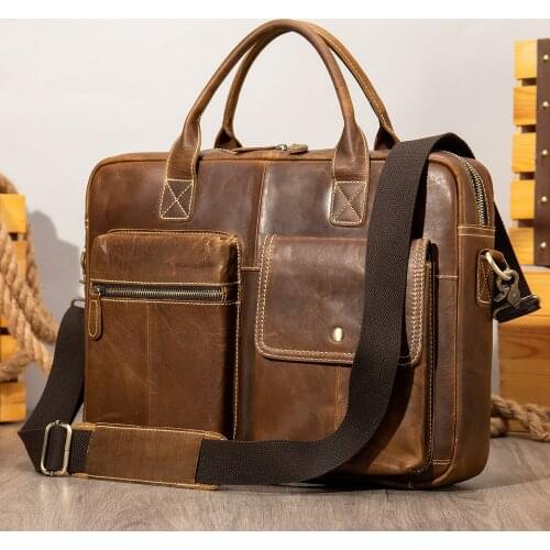 Luxury Natural Cowskin Mens Briefcase Crazy Horese Genuine Leather Business Bag Large Capacity Laptop Bag Handbags Cowhide