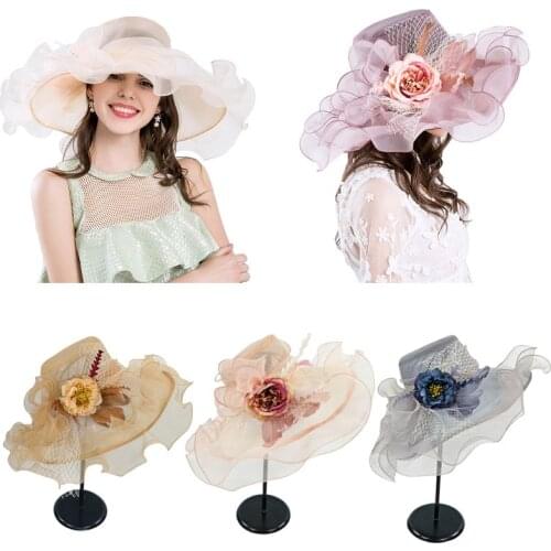 Women Mesh Veil Church Sun Hat Ruffles Artificial Flower Feather Large Wide Brim Tea Party Wedding Fascinator