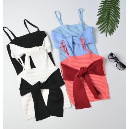 Bowknot Female Camisoles Summer New Women T-Shirt Fashion Sexy High Elastic Tee Shirt Spaghetti Strap Cropped Top Knitted Camis
