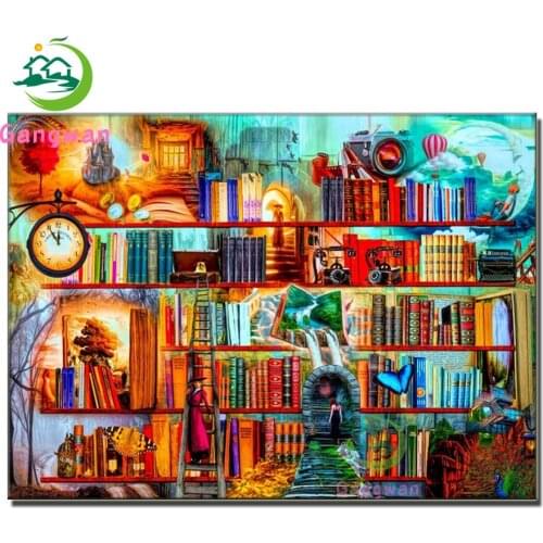 Magical bookshelf 5d diy diamond painting fantasy diamond embroidery full square round drill mystery writer living bedroom decor