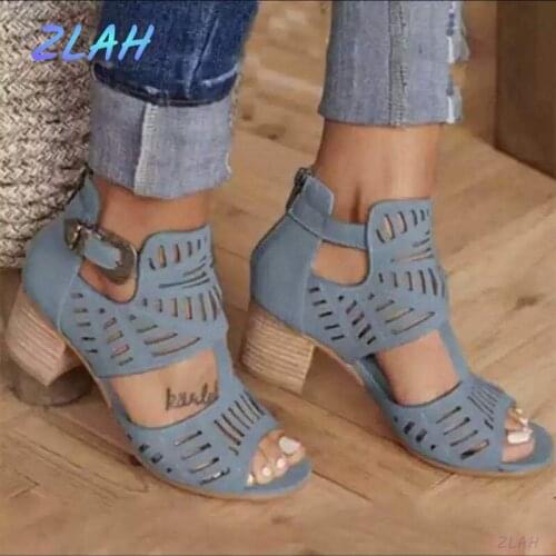 Ladies Fashion Sandals Zlah Ladies Retro Hollow Open Toe Square Heel Wedge Sandals High Heels Womens Sandals Zapatos Mujer