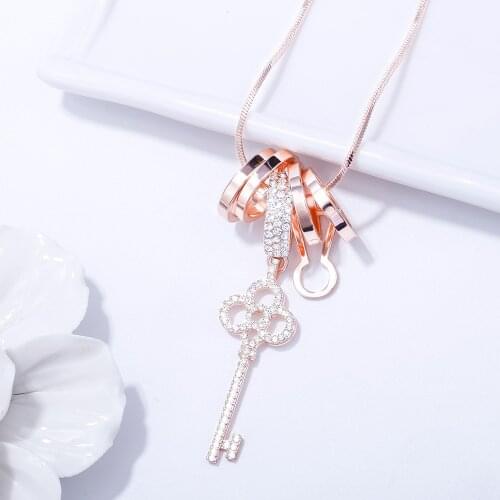 New Crystal Key Long Sweater Chain Necklace Luxury Brand Design Shining CZ Charm Ring Choker For Women Fashion Collares Jewelry