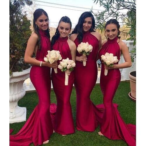2019New Sexy Cheap Mermaid Bridesmaid Dresses Halter Neck Long Sweep Train Wedding Party Gowns Formal Gowns