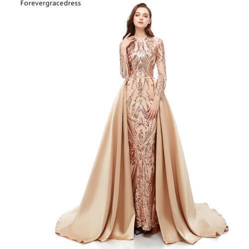 Forevergracedress Gold Prom Dresses 2019 Sequined Long Sleeves Holidays Graduation Wear Party Gowns Plus Size Custom Made