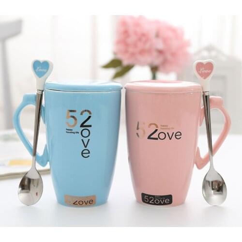 2Pcs/Set Couple Cup Ceramic Coffee Mug With Spoon Lid Creative Valentines Day Wedding Birthday Gift