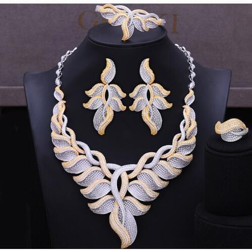 GODKI NEW Luxury 4PCS Jewelry Set Leaf Flower Bangle Ring Necklace Dangle Earrings for Women Bridal Wedding Jewelry Sets