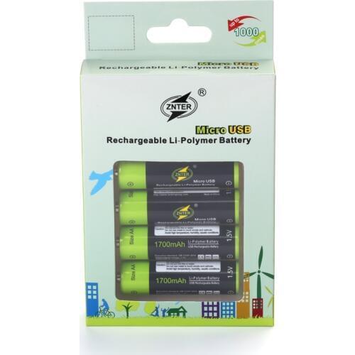 Original ZNTER 4pcs 1.5V AA 1700mAh Rechargeable Battery USB Charging Lithium Baterry Charged By Micro USB Cable Drop shipping