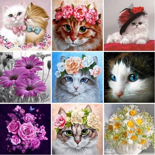 DIY 5D Diamond Painting Cat Cross Stitch Full Round Drill Flower Basket Diamond Embroidery Rhinestones Wall Art Gift Home Decor