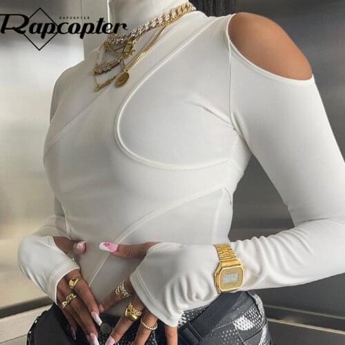 Rapcopter Asymmetrical Patched Bodysuits White Knitted Basic Bodycon Long Sleeve Cut Out Rompers Women Autumn Casual Playsuits