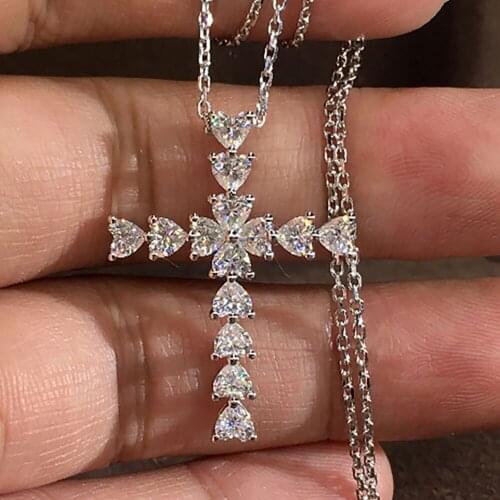 14K White Gold Women Pendants Necklaces Moissanite Diamond 0.2 Carat Each Heart Cross Wedding Anniversary Engagement Party Gift