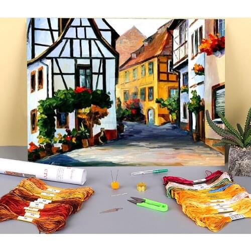 Germany - Town On The Hill Pre-Printed 11CT Cross Stitch Embroidery Kit DMC Threads Needlework Handicraft Knitting Gift