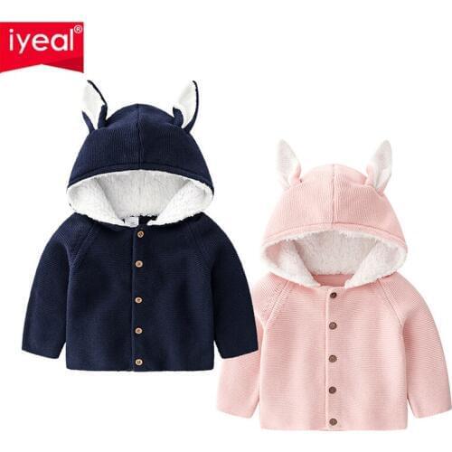 IYEAL Winter Boys Girls Sweater Cotton Children Knitted Cute Ears Hooded solid Kids Clothes Infant Baby Jacket Outerwear 1-5Y