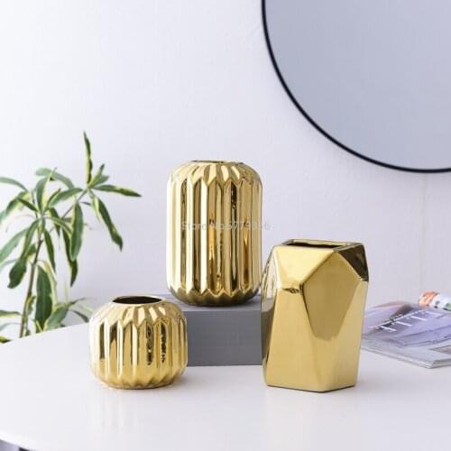 Ceramic Geometric Golden Vase Nordic Creative Simple Light Luxury Flower Vase Home Living Room TV Cabinet Decor Furnishings