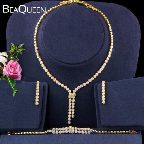 BeaQueen New 3pcs Round CZ Zirconia Paved Long Earrings Necklace and Bracelet Wedding Bridal Costume Jewelry Set for Women JS238