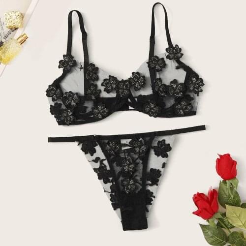 2021new Sexy Women Lingerie Set G-string Flowers Embroidery Bralette Lace Transparent Bra Bustier Lingerie Thong Lingerie Set