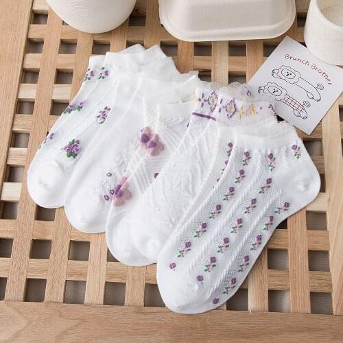 2021 New college style three-dimensional small floral womens socks rural style cotton boat socks white socks women socks