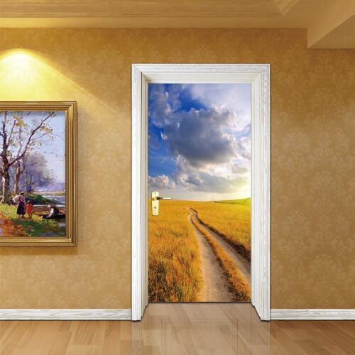 Newest 70*200cm 2 pcs/set 3D Autumn Grassland Door Sticker Wallpaper Wall Stickers DIY Door Art Mural Poster Home Decor