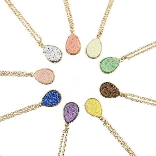 Gold & Tone 9 Colors Option Druzy Quartz Teardrop Pendant Necklace Rock Crystals Pendant Necklace Teardrop Necklace