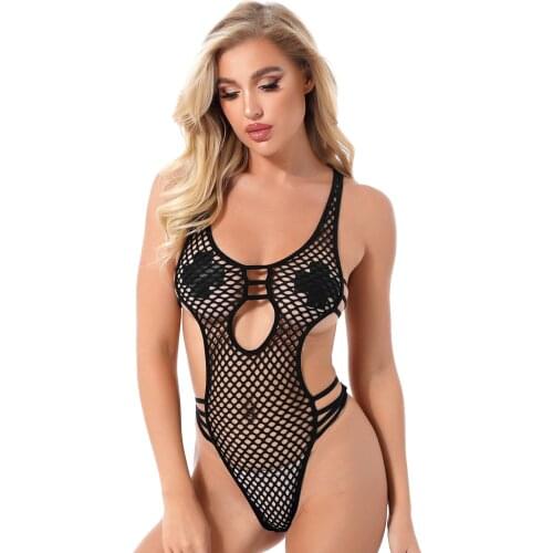 Sexy Lingerie Thong Teddies Bodysuits See-through Hollow Out Fishnet Leotard Women Erotic High Cut Sleeveless Bodysuit Nightwear