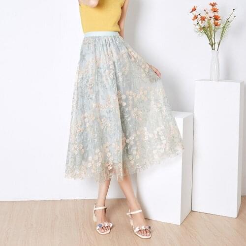 Heavy Industry Embroidery Flower Gauze Skirt Female Slim High Waist Big Swing Skirt Women Fairy Tulle Long Skirt Women