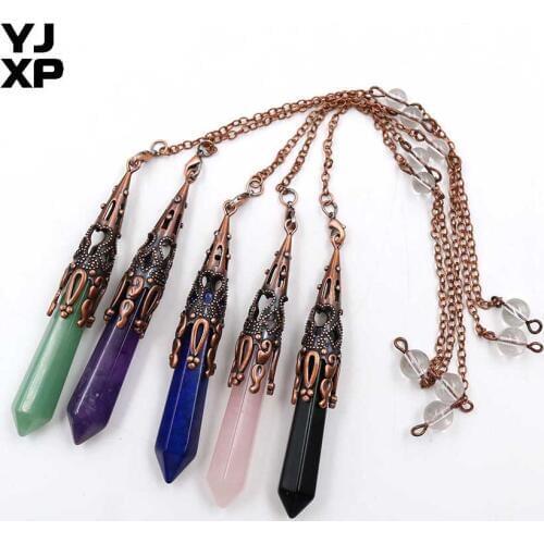 YJXP Vintage Pendulums Natural Amethysts Rose Quartzs Hexagonal Prism Reiki Stone Pendulum Pendant Amulet Balance Charms Jewelry