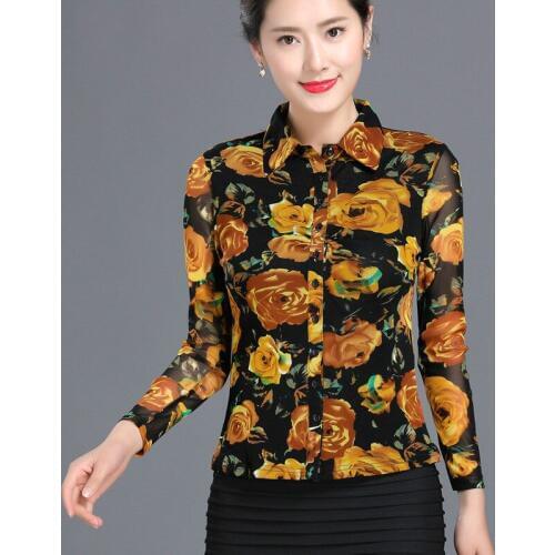 Spring 2017 Womens Casual Slim Stretch Full Sleeve Flower Pattern Mesh Blouse , Female 4XL Woman Autumn Floral Cardigan Blouses