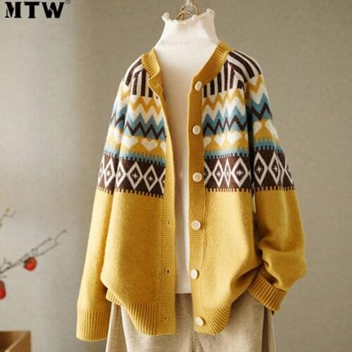 2021 Women Cardigan Knitted Sweater Ladies Long Sleeve Vintage Geometric Cardigans Female Korean Knitwear Outwear