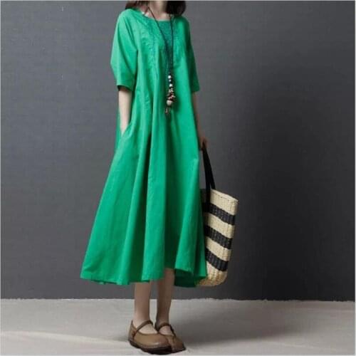 Chinese Style 2020 women spring vestido casual cotton and line dress loose embroidery Soft Comfortable Women Dress