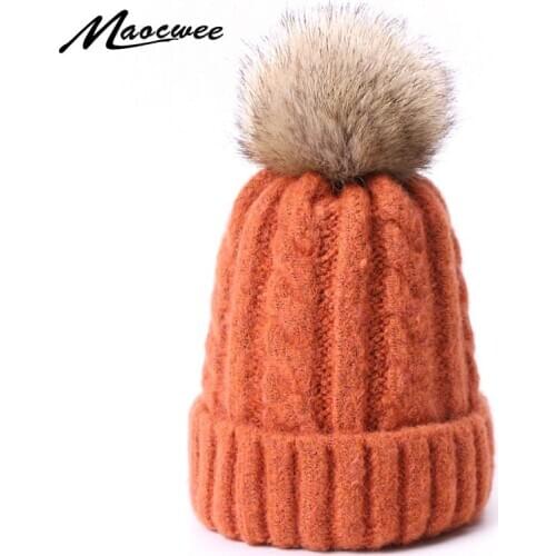 Winter Wool Beanie Hat For Children And Women With Faux Fur Pom Poms Warm Knitted Skullies Beanies Kids Solid Color Bonnet Hats